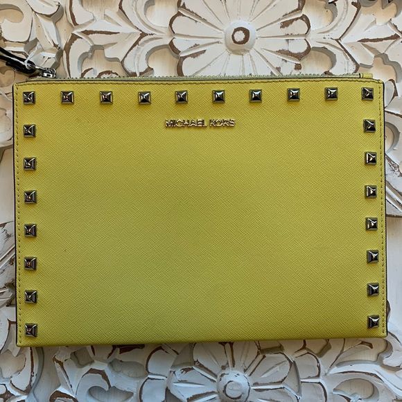 Michael Kors yellow studded clutch wristlets big 9”x6.5 size - Picture 1 of 8